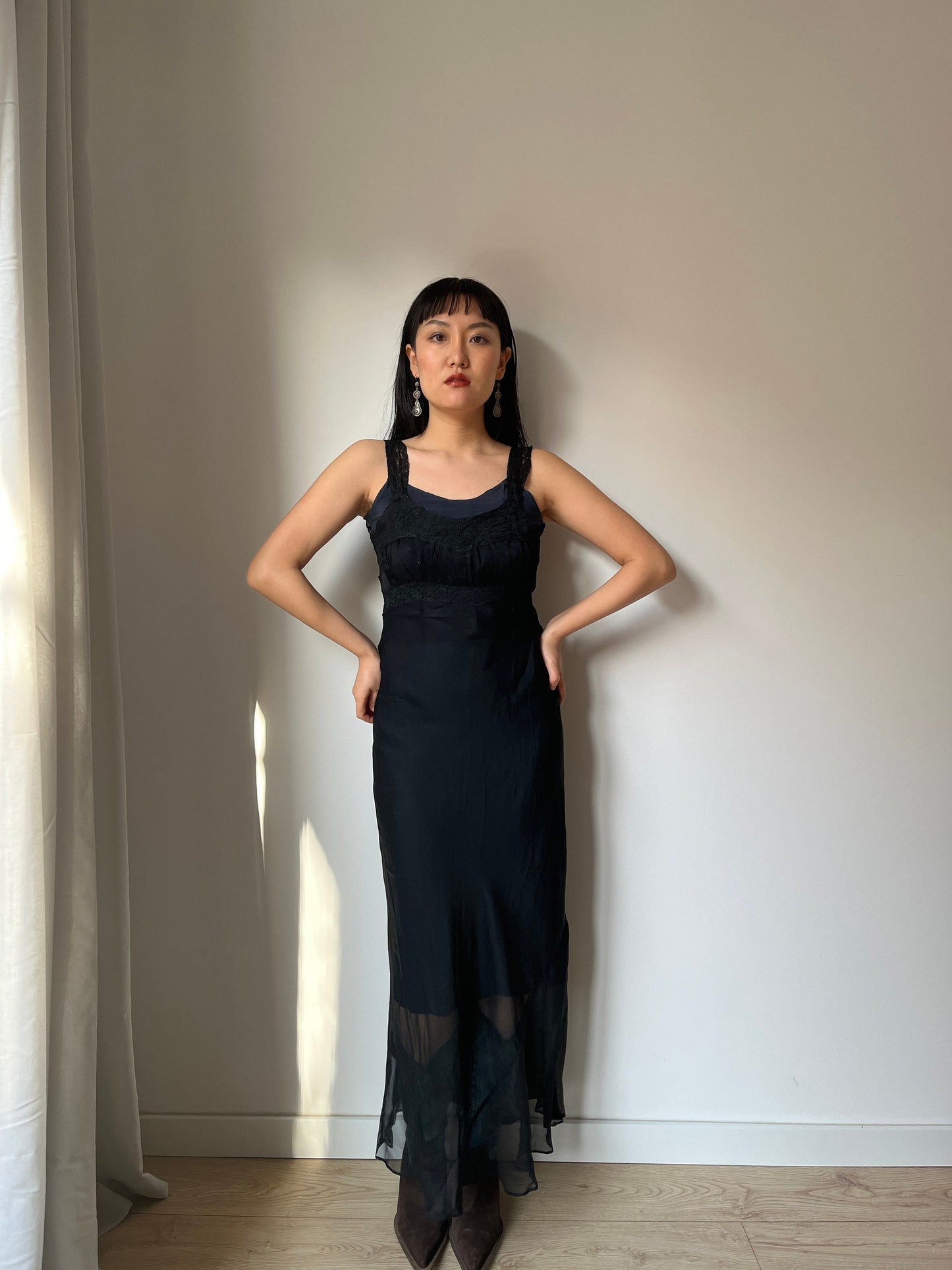 Antique 1950s black sheer crepe bias cut liquid translucent nightdress, lace art deco nightgown