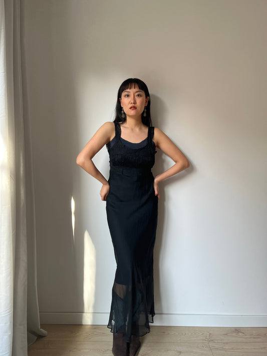 Antique 1950s black sheer crepe bias cut liquid translucent nightdress, lace art deco nightgown