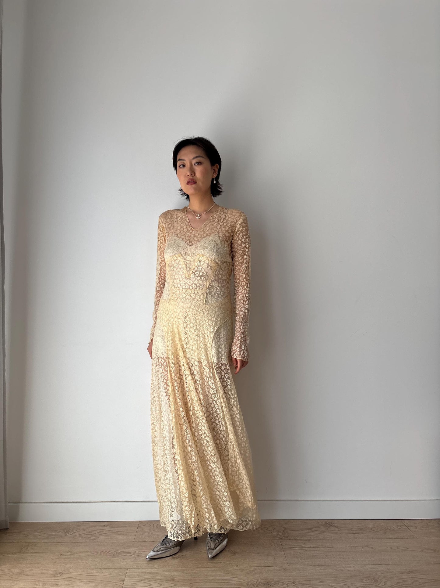 Antique 1910s Edwardian Lace Handmade Wedding Dress Floral Lawn Dress