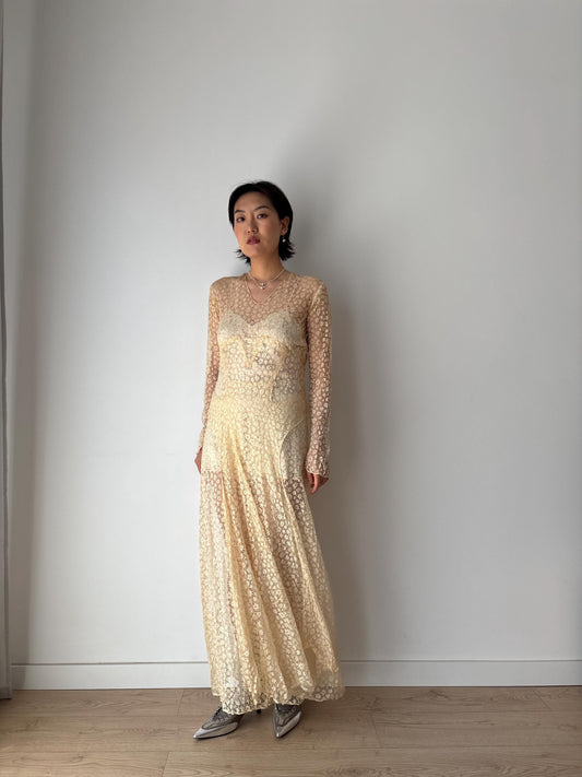 Antique 1910s Edwardian Lace Handmade Wedding Dress Floral Lawn Dress