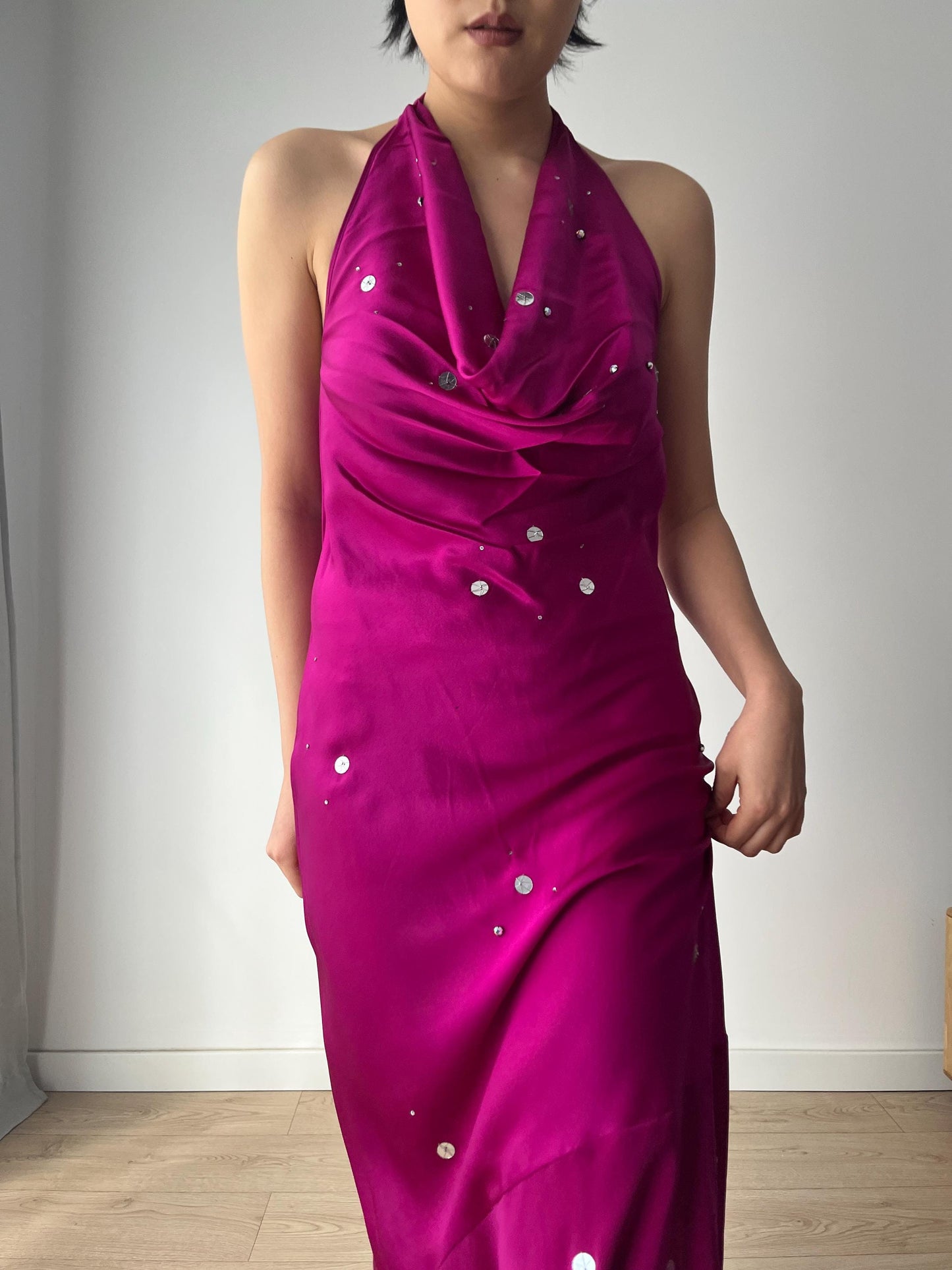 Vintage 90s 2000s Y2K liquid silk satin hot pink silk slip long maxi camisole underdress