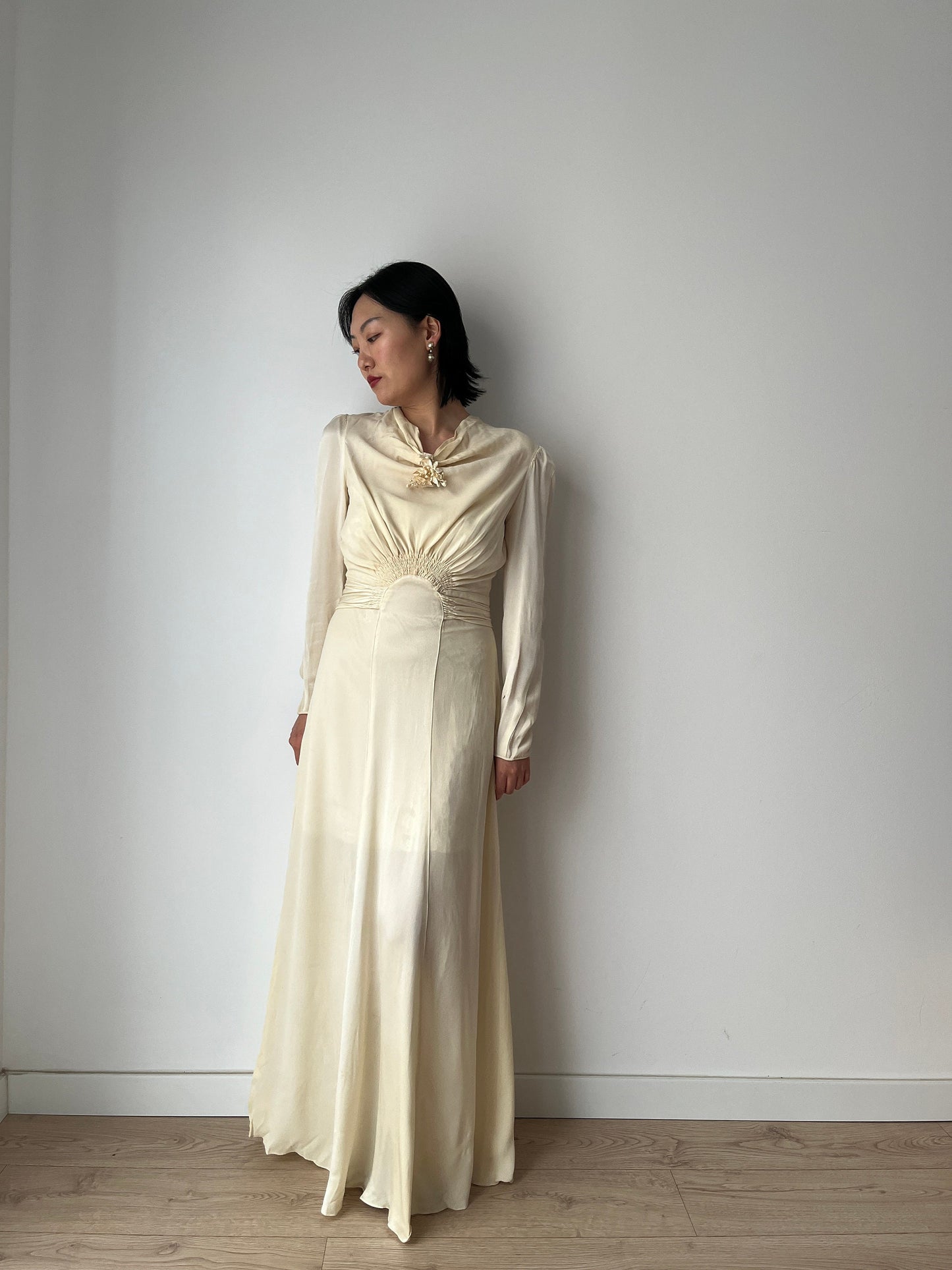 1930s Antique Bridal Lace Bias Cut Negligee Silk Satin Embroidered Wedding Dress