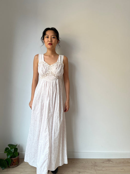 vintage 1950s pink floral print cotton lace ribbon art deco dress, romantic parisian nightgown