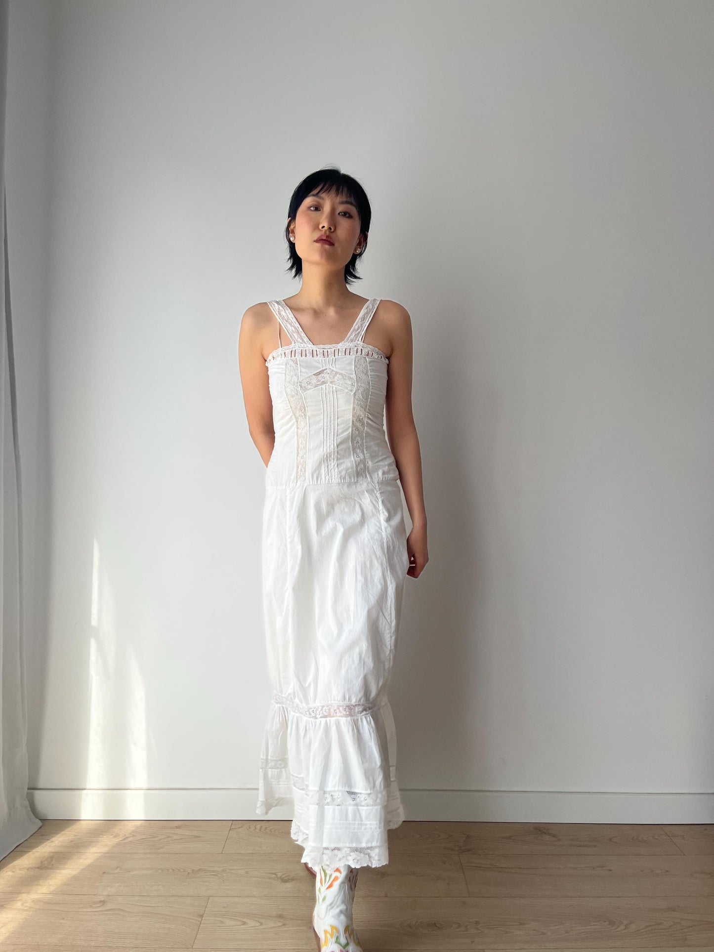 1910s 1900s Antique White Cotton Edwardian Victorian Lace Slip dress