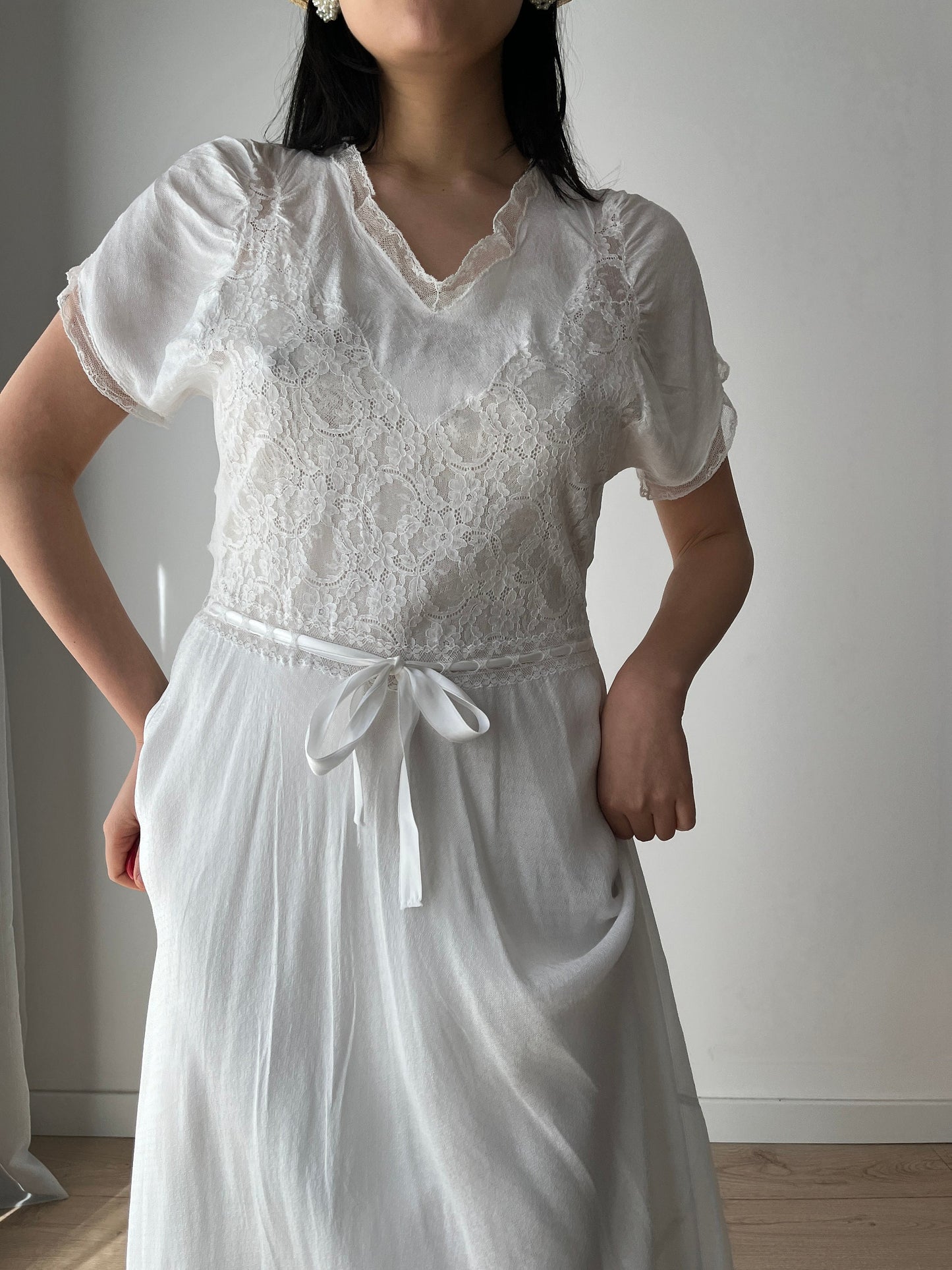 1930s Antique Bias Cut Rayon Embroidered Lace Bridal Dress