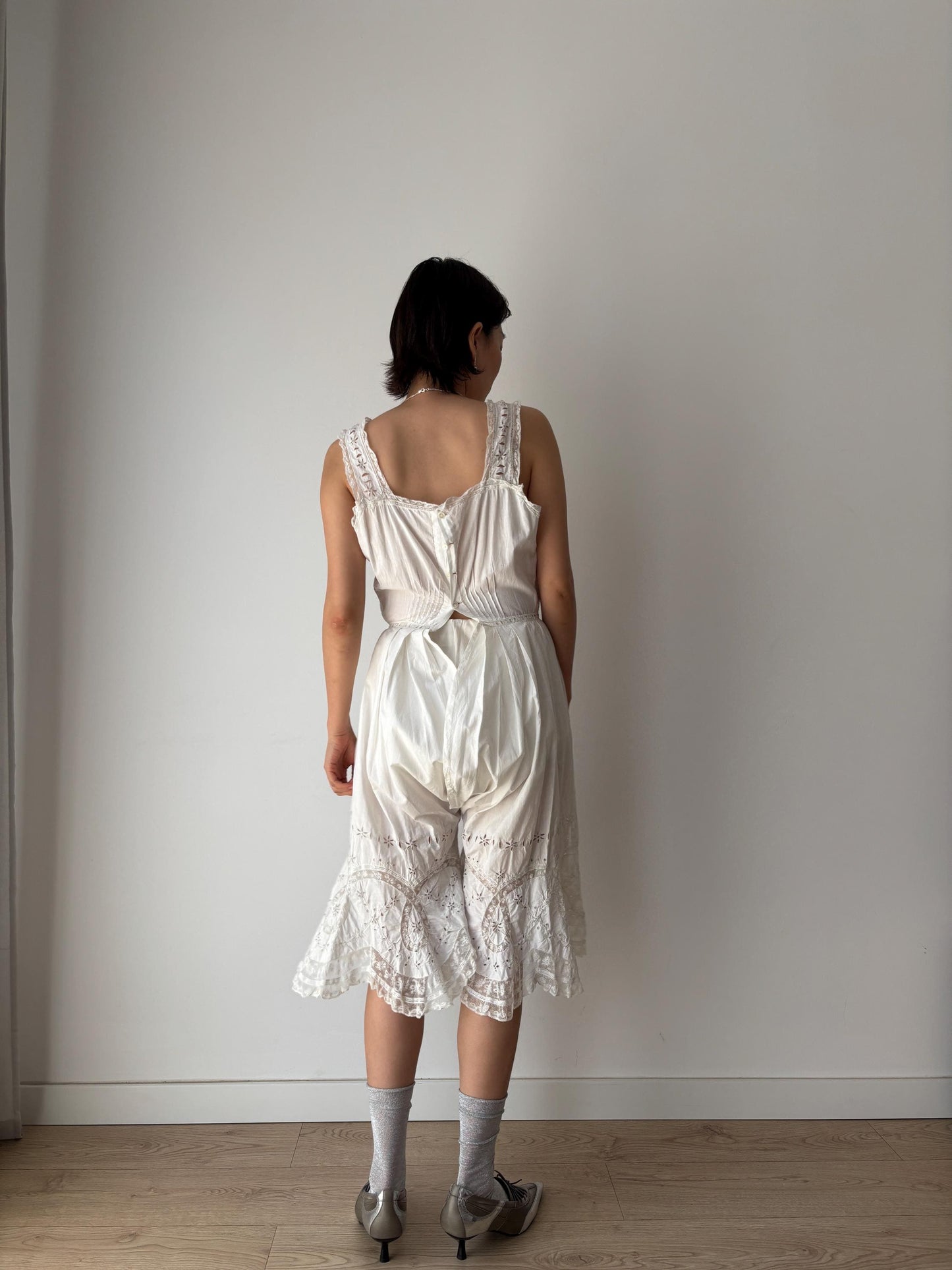 Antique 1910s Edwardian White Cotton  Floral Embroidered Lace Jumpsuit Romper, One Piece Cami Split Crotch Pantaloons with Broderie Anglaise