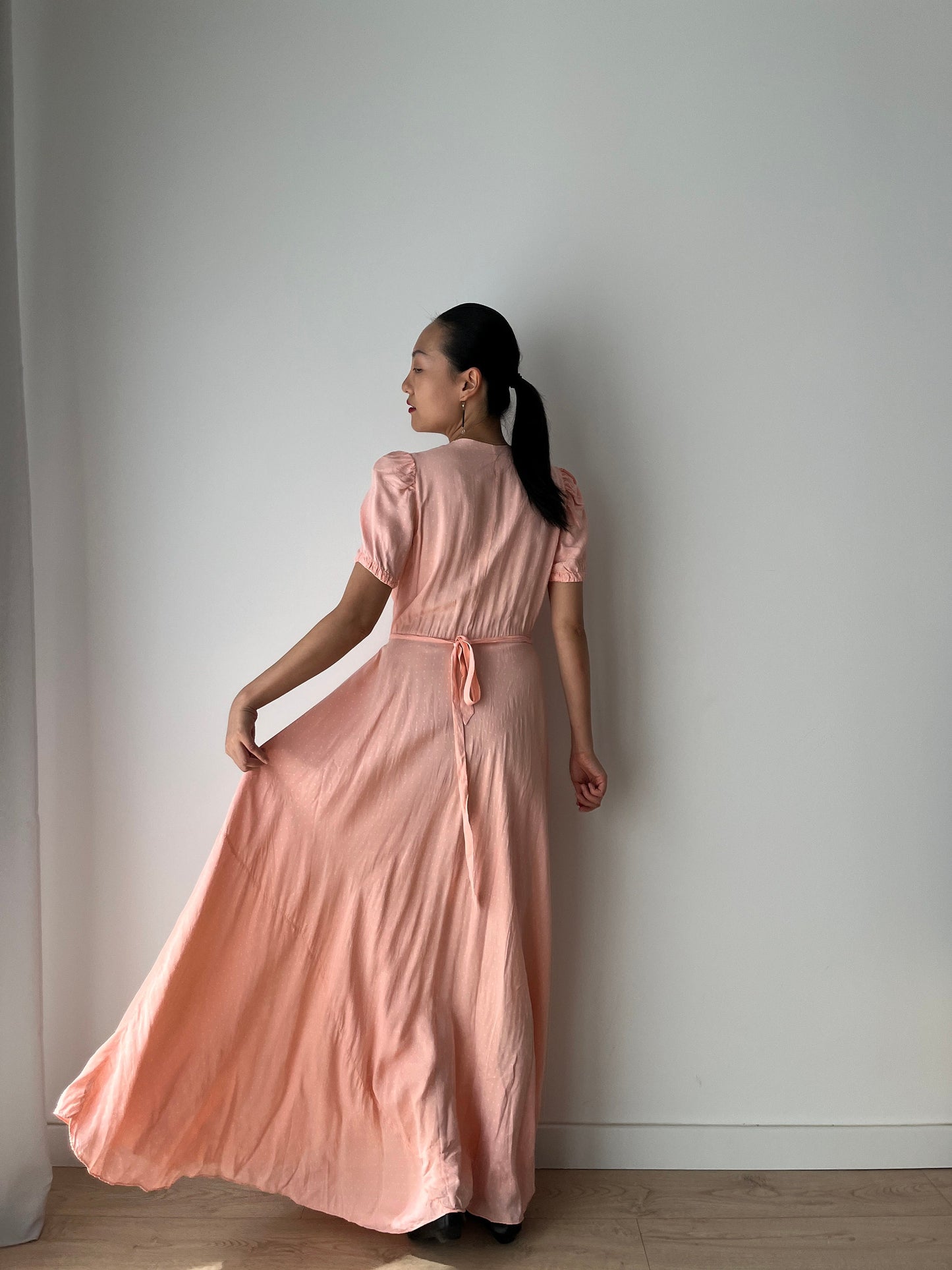 1940s Antique Bias Cut Pastel Pink Rayon Dots Print Bow Dress