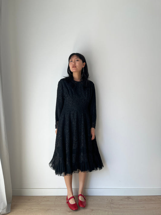1950s Full Skirt Black Lace Dress/Cocktail Dress, Vintage Lace Dress