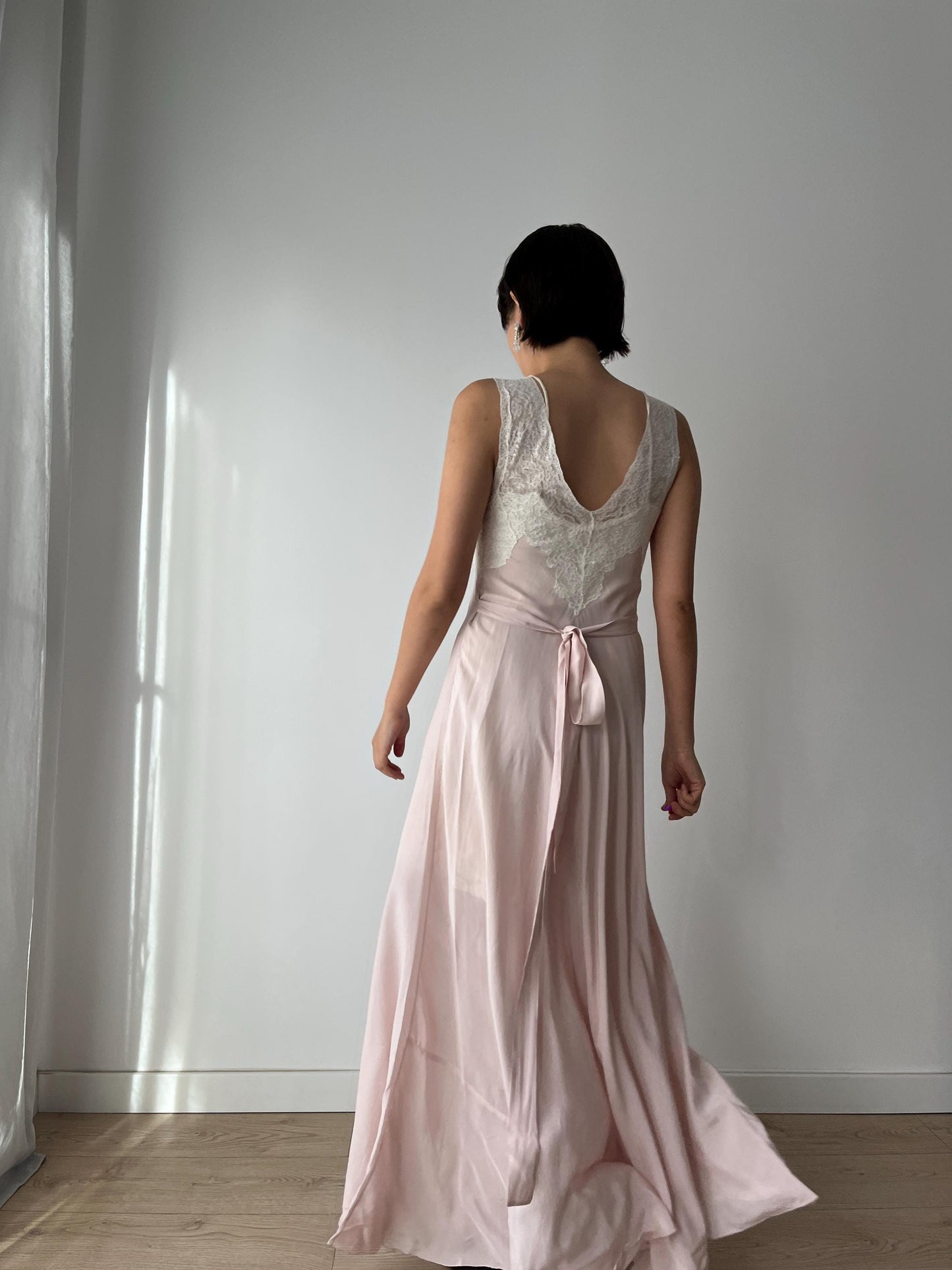 1930s 1940s Antique Bias Cut Ruffle Lace Pastel Pink Pure Silk Embroidered Nightgown