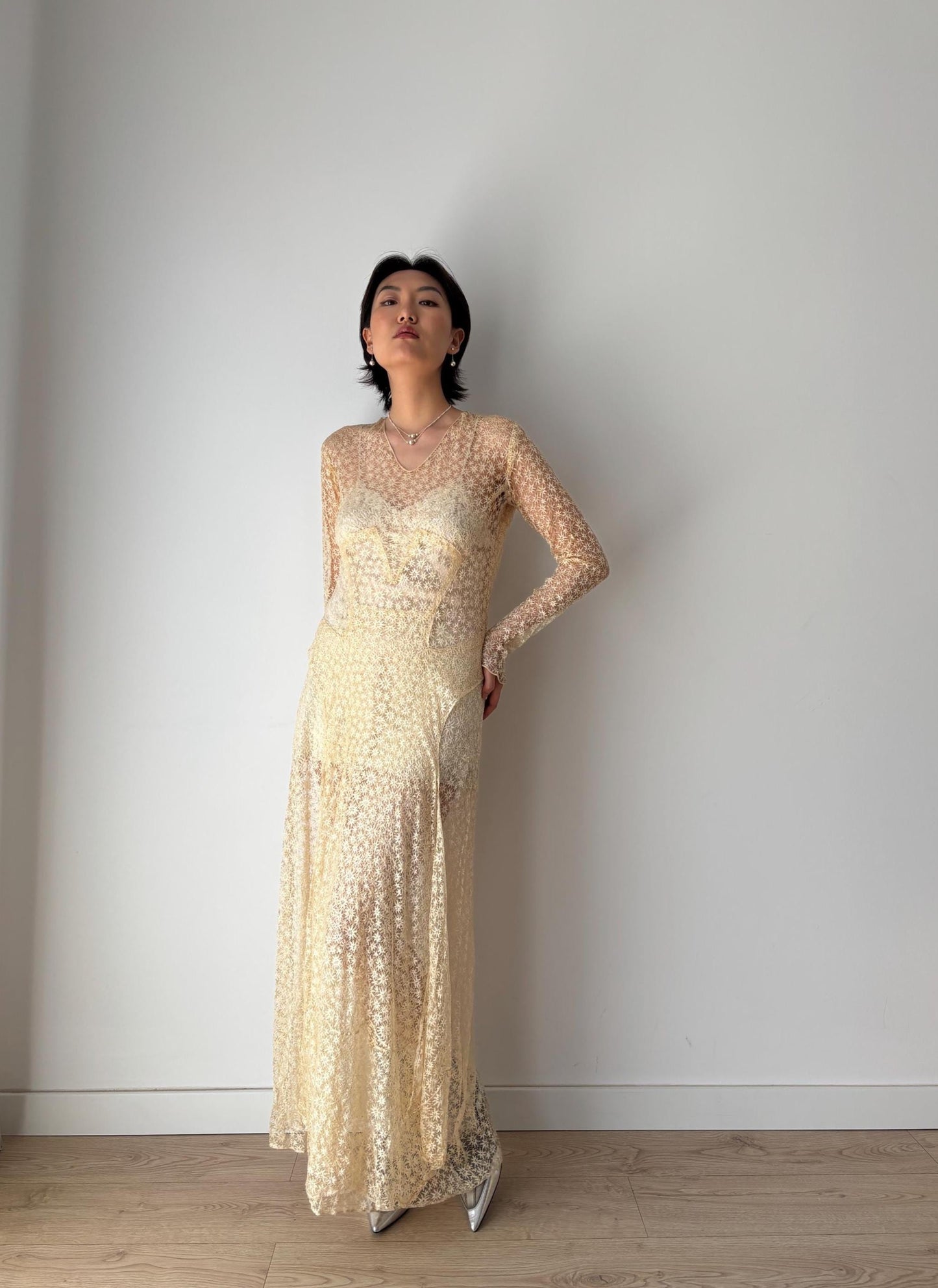 Antique 1910s Edwardian Lace Handmade Wedding Dress Floral Lawn Dress