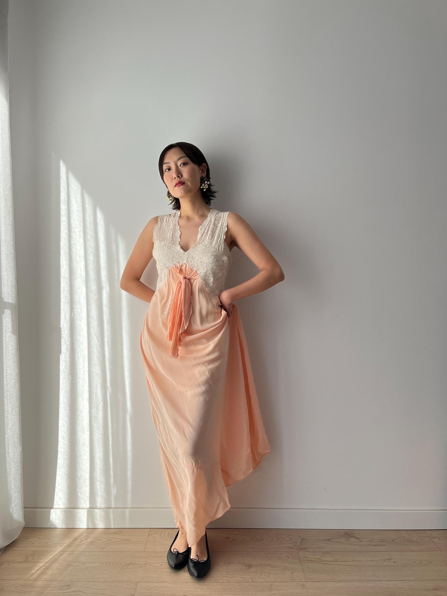 1930s Antique Peach Pure Silk Crepe Lace Nightgown Maxi Dress