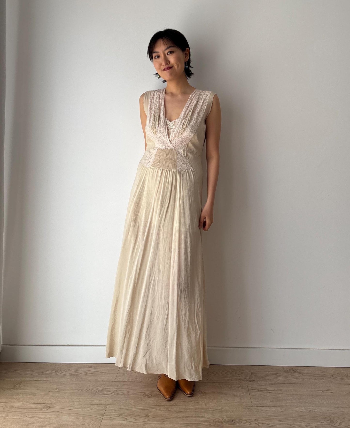 1930s Antique Bridal Lace Bias Cut Negligee Silk Satin Embroidered Nightgown