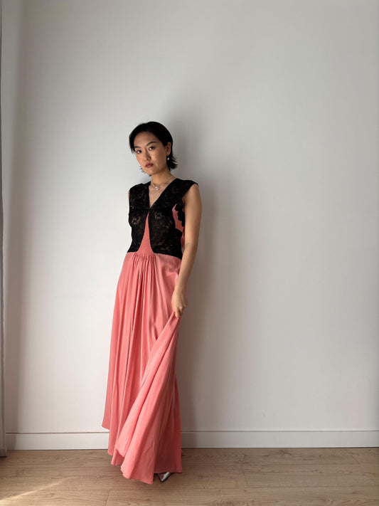 1930s Antique Bias Cut Rare Black Lace Pastel Pink Pure Silk romantic Dress