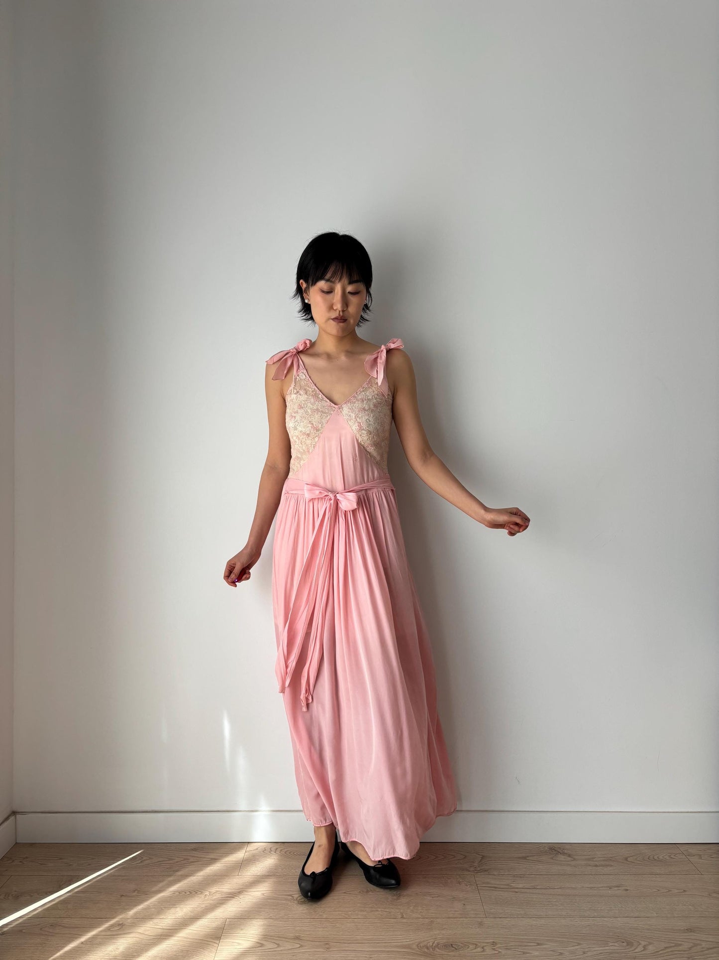 1930s Antique Pink Pure Silk Crepe Lace Nightgown with waist belt