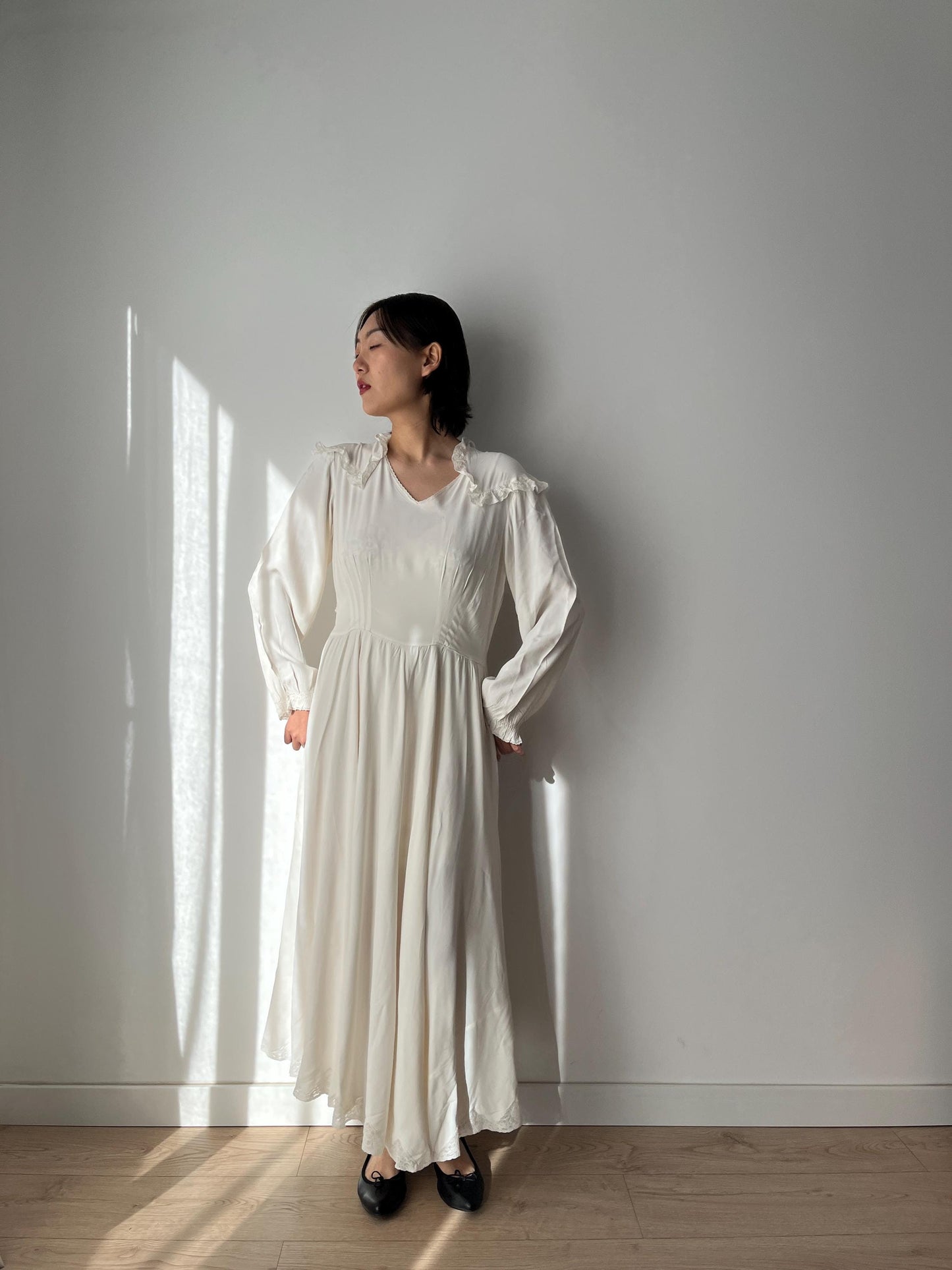 1940s Antique Lace White 100% Pure Silk Liquid Satin Long Maxi dress