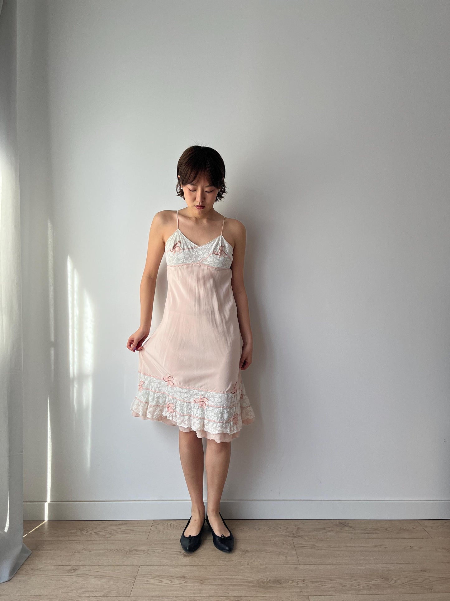 1930s Antique Pastel Pink Lace Liquid Crepe Silk Slip dress, Vintage lace mini dress