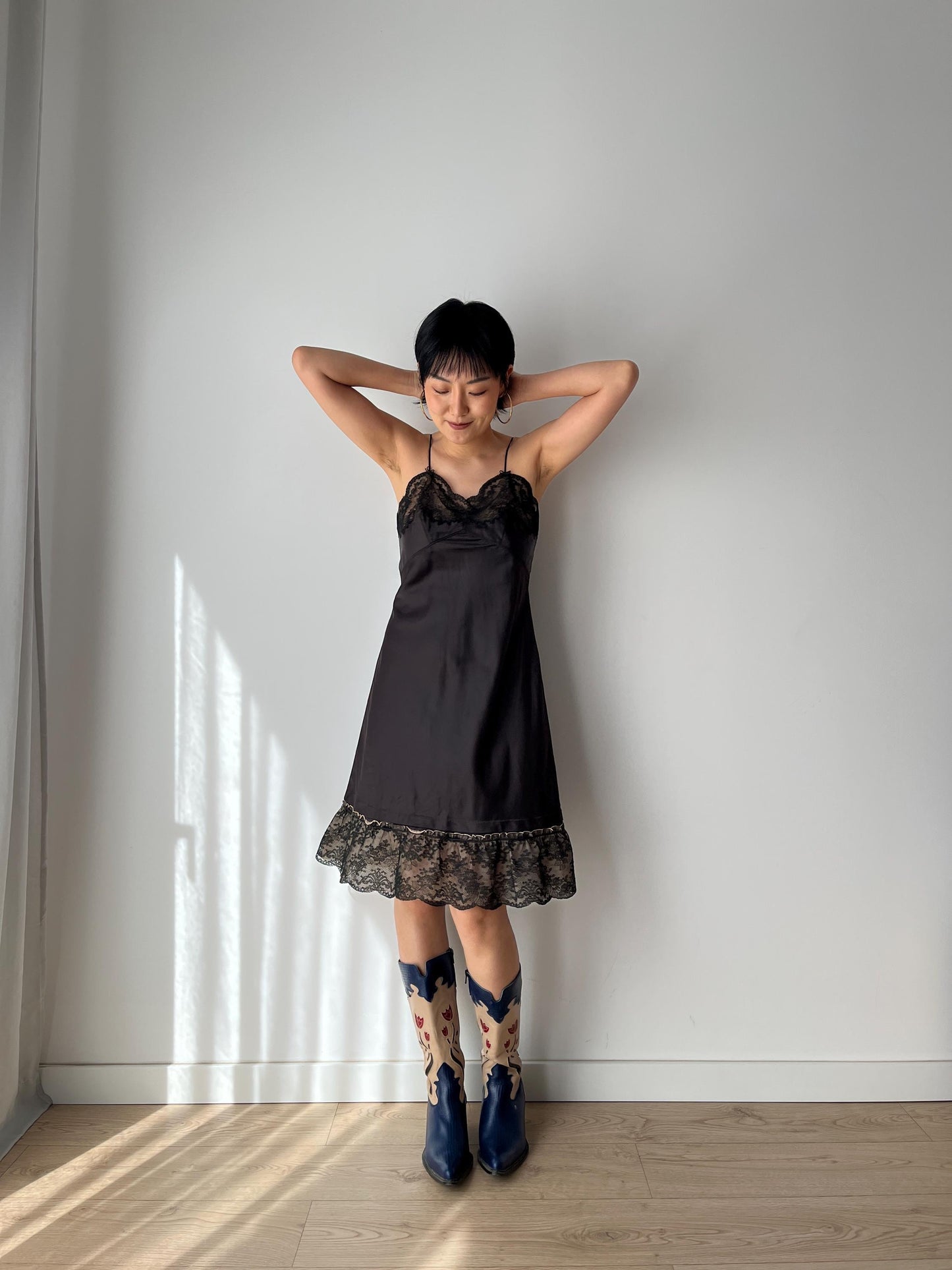 Antique vintage 1950s 1940s black liquid satin rayon lace art embroidered deco bias cut nightgown slip