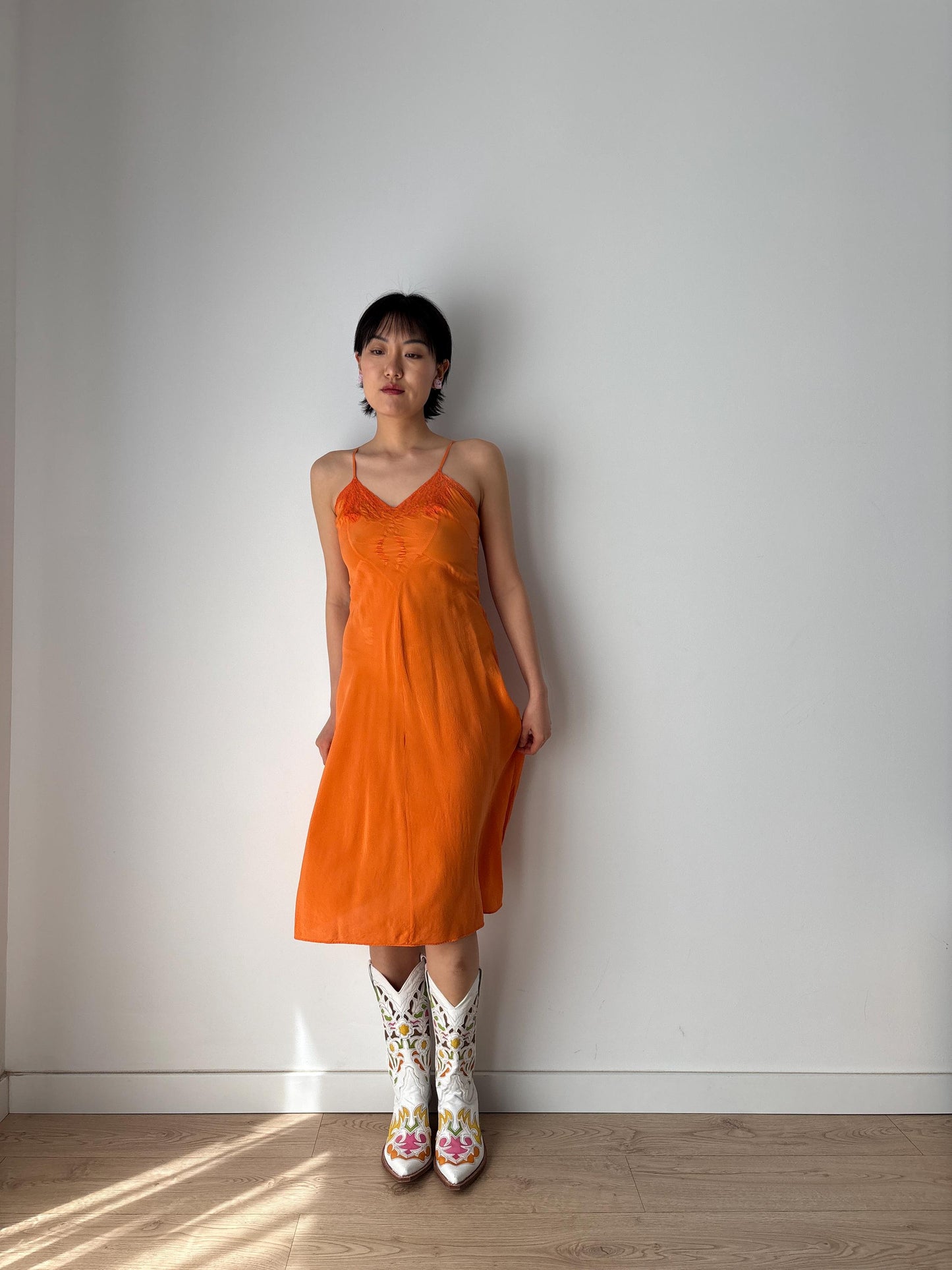 1920s 1930s 100% Silk Orange Bow Appliqué Embroidered Slip dress