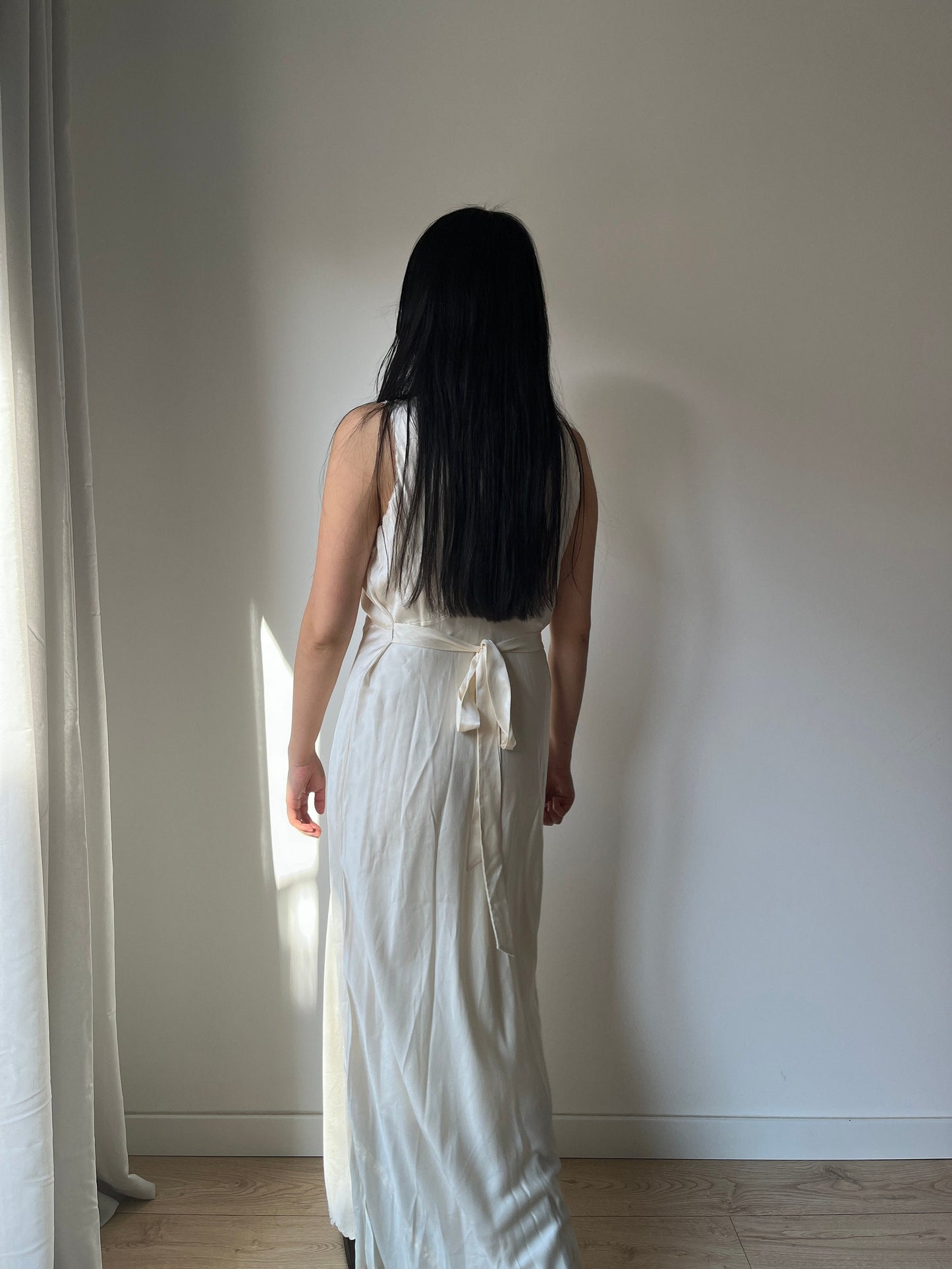 Antique Vintage liquid pure silk satin white embroidered slip long maxi camisole dress