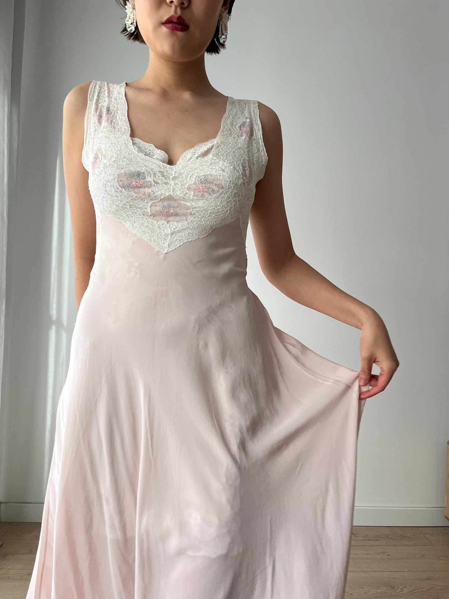 1930s 1940s Antique Bias Cut Ruffle Lace Pastel Pink Pure Silk Embroidered Nightgown
