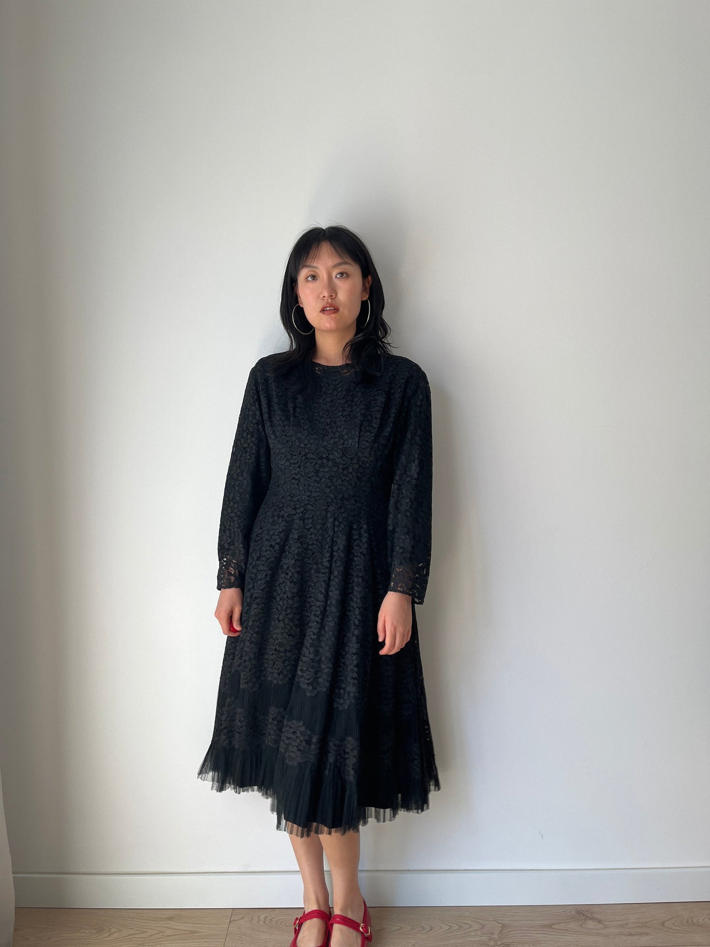 1950s Full Skirt Black Lace Dress/Cocktail Dress, Vintage Lace Dress