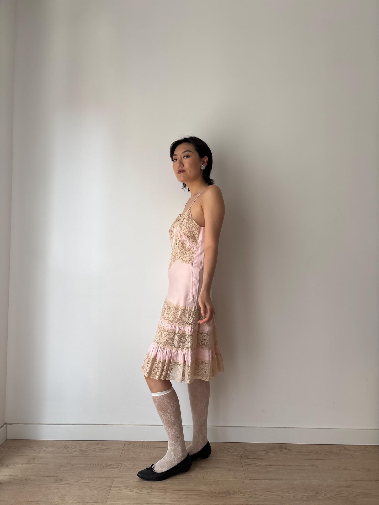 1940s 1950s Antique Pale Pink Lace Liquid Silk Satin Slip dress, Vintage lace mini dress