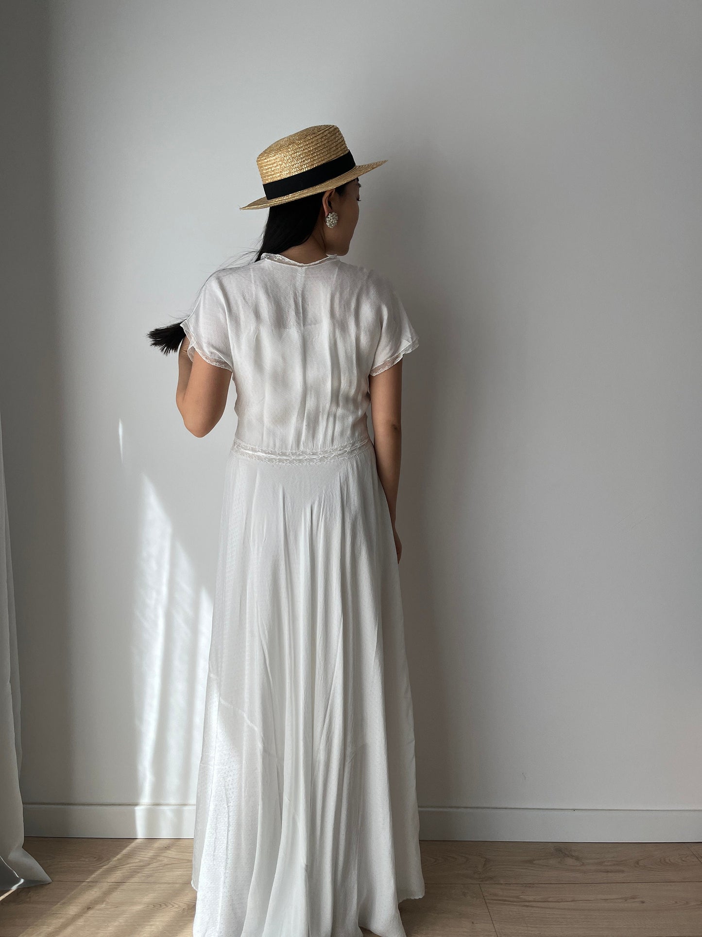 1930s Antique Bias Cut Rayon Embroidered Lace Bridal Dress