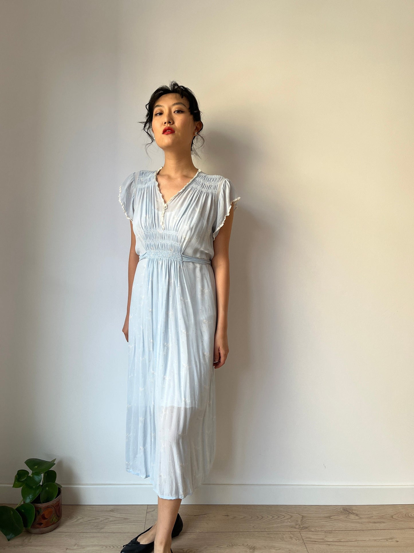 Antique 1930s bias cut liquid pure silk floral nightdress, Embroidered art deco babe blue maxi dress