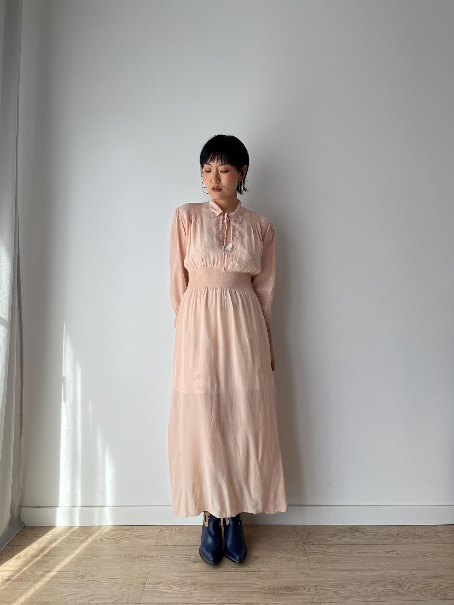 Antique 1930s 1940s ribbon bias cut liquid silk crepe sheer bridal nightdress